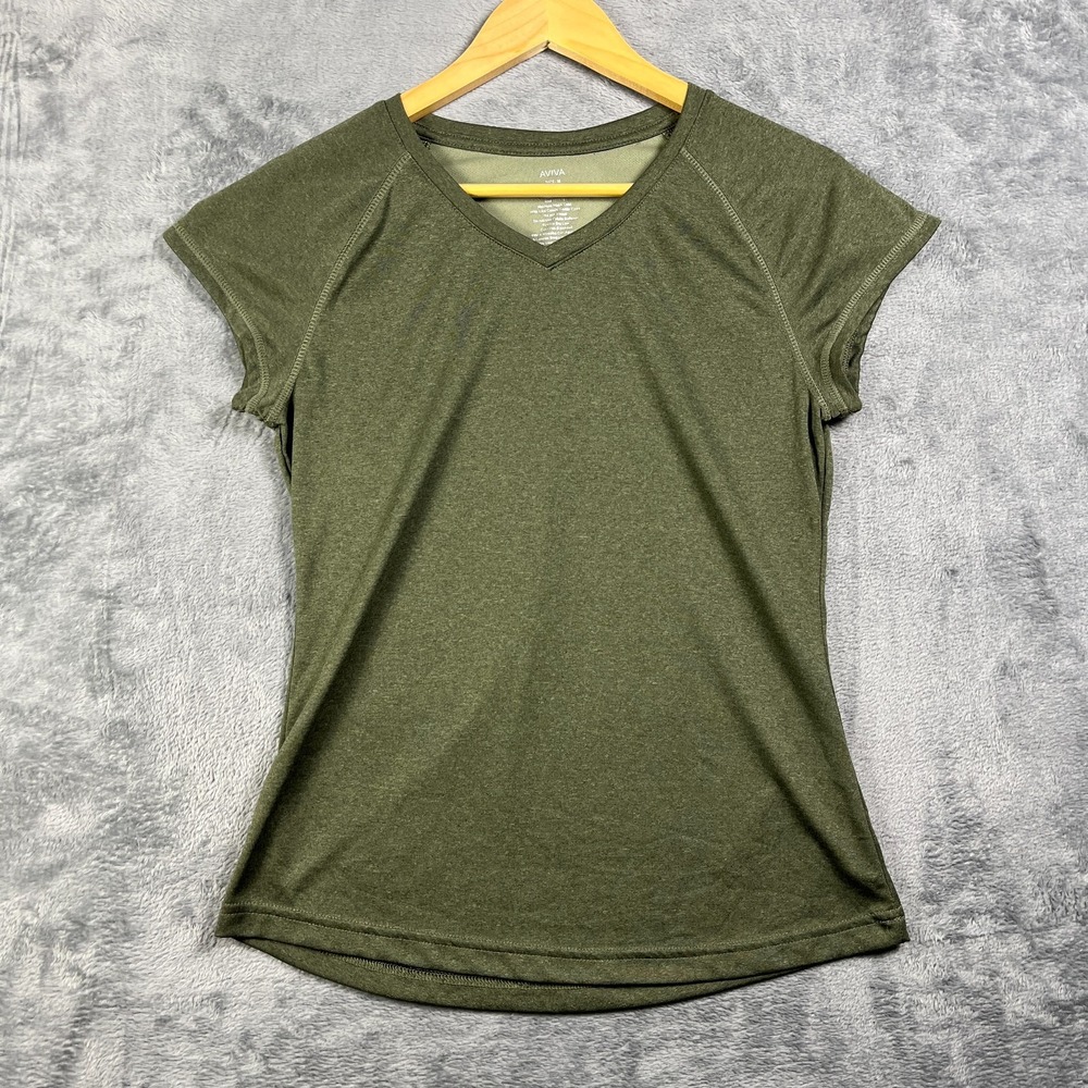 Aviva Performance Tee Shirt Womens Medium Green Raglan Sleeve V Neck Athleisure